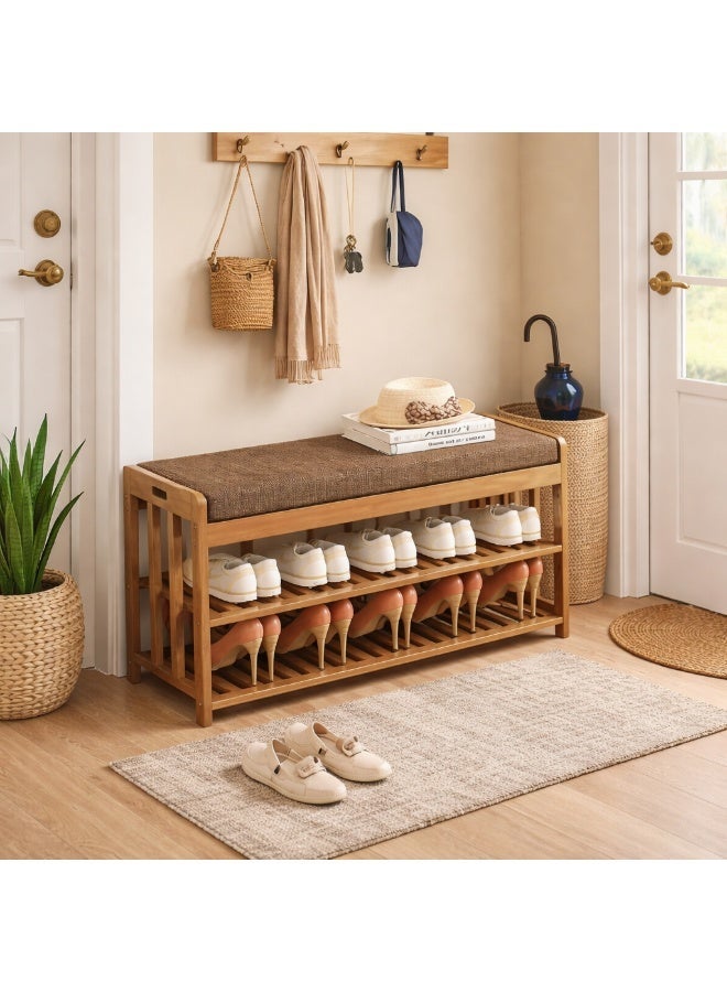 HOME TASTE Wooden Shoe Rack With Bench - Wooden Shoe Cabinet with Seat | Shoe Bench Organizer for Entryway, Hallway & Bedroom, Brown – 27 x 90 x 45 cm - Image 3